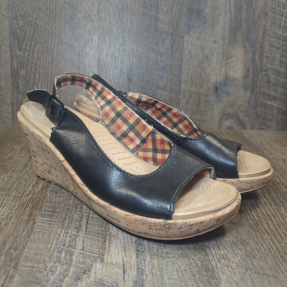 Crocs A-Leigh Sling Back Cork Wedges Black Sandals Women's Size 8